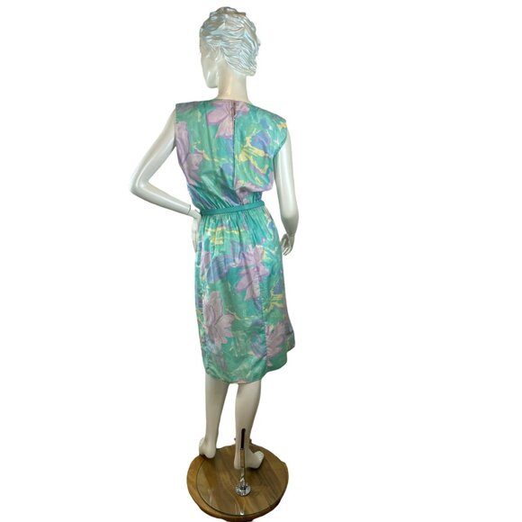 80s/90s Floral Cotton Dress With Elastic Waist And Belt Size M/L - Picture 4 of 5